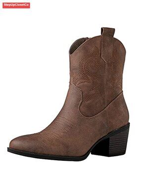 Women's Vegan Faux Leather Cowboy Ankle Boots Low Heel Side Zip